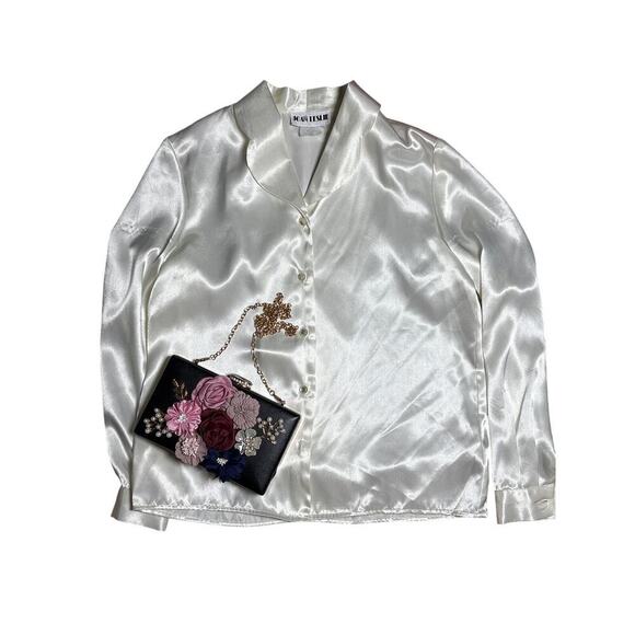 Women’s 6P Joan Leslie Ivory Satin Blouse Bridal Vintage Glam Button Front - Picture 7 of 9